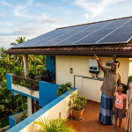 වලාකුළු සහිත දීප්තිමත් සවස් වරුවක, ශ්‍රී ලංකාවේ සශ්‍රීක වෙරළබඩ ගම්මානයක පිහිටි තම දෙමහල් නිවසේ උඩුමහල් ටෙරසය මත සිටින, සිනහමුසු මුහුණින් යුත් සිව්දෙනෙකුගෙන් යුත් දකුණු ආසියාතික පවුලක් මෙහි දැක්වේ. ඔවුන් තම නිවසේ වහලය මත අලුතින් සවිකරන ලද සූර්ය පැනල පද්ධතියක් ඉදිරිපිට ආඩම්බරයෙන් පෙනී සිටියි. දුරින් පෙනෙන නිල්වන් සාගරය දක්වා විහිදුණු පොල් ගස් සහ අනෙකුත් නිවර්තන ගස්වලින් පිරුණු කඳු බෑවුමක් දෙසට මුහුණ ලා ඇති මෙම ටෙරසය මැටි උළු (terracotta) අතුරා සකසා ඇත. දකුණු පසින්, නිල් පැහැති විසිතුරු මෝස්තර සහ දුඹුරු පැහැති උළු සෙවිලි කළ වහලයකින් යුත් ක්‍රීම් පැහැති මහල් නිවසක් දැකගත හැකිය. එහි සම්පූර්ණ සූර්ය පැනල පද්ධතියක් සවිකර ඇති අතර, පැනලවලට පහළින් සහ පවුලේ සාමාජිකයින්ට ඉහළින් බිත්තියේ සවිකළ ඉන්වර්ටරයක් (inverter) ද දැකගත හැකිය. පවුලේ සාමාජිකයන් සාම්ප්‍රදායික සහ අනියම් ඇඳුමින් සැරසී සිටිති: දුඹුරු පැහැති කමිසයකින් සහ නිල් පැහැති කොටු වැටුණු සරමකින් සැරසුණු පියා සූර්ය පැනල දෙසට අත දිගු කර පෙන්වයි; ක්‍රීම් පැහැති සාරියකින් සැරසුණු මව ඔහු අසලින් සිනාසෙමින් සිටියි; රෝස පැහැති කමිසයකින් සහ මල් සහිත සායකින් සැරසුණු කුඩා දැරියක් ඒ දෙස බලා සිටින අතර, ලා කොළ පැහැති කමිසයකින් සහ නිල් පැහැති කලිසමකින් සැරසුණු කුඩා පිරිමි ළමයෙකු සතුටින් සිටින අයුරු මෙහි දැක්වේ. ටෙරසය පෝච්චිවල සිටුවන ලද මල් පැලවලින් අලංකාර කර ඇති අතර, ගස්වලින් පිරුණු වෙරළ තීරය සහ සාගර ක්ෂිතිජය දෙසට විහිදුණු කළු පැහැති ලී වැටකින් එය සමන්විත වේ. නිවසේ මුහුණතෙහි තවත් පැලෑටි සහිත විවෘත බැල්කනියක් සහ කළු පැහැති ලී මේසයක් සහ පුටුවක් ඇති අතර, එය සුවපහසු ජීවන අවකාශයක් පෙන්නුම් කරයි. හිරු එළිය සහිත ස්වභාවික ආලෝකය අවට වෘක්ෂලතාවල තද කොළ පැහැය සහ නිවසේ උළු හා බිත්තිවල උණුසුම් වර්ණ මනාව ඔප්නංවයි.