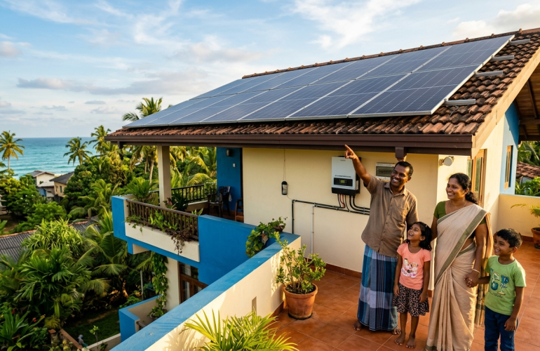 වලාකුළු සහිත දීප්තිමත් සවස් වරුවක, ශ්‍රී ලංකාවේ සශ්‍රීක වෙරළබඩ ගම්මානයක පිහිටි තම දෙමහල් නිවසේ උඩුමහල් ටෙරසය මත සිටින, සිනහමුසු මුහුණින් යුත් සිව්දෙනෙකුගෙන් යුත් දකුණු ආසියාතික පවුලක් මෙහි දැක්වේ. ඔවුන් තම නිවසේ වහලය මත අලුතින් සවිකරන ලද සූර්ය පැනල පද්ධතියක් ඉදිරිපිට ආඩම්බරයෙන් පෙනී සිටියි. දුරින් පෙනෙන නිල්වන් සාගරය දක්වා විහිදුණු පොල් ගස් සහ අනෙකුත් නිවර්තන ගස්වලින් පිරුණු කඳු බෑවුමක් දෙසට මුහුණ ලා ඇති මෙම ටෙරසය මැටි උළු (terracotta) අතුරා සකසා ඇත. දකුණු පසින්, නිල් පැහැති විසිතුරු මෝස්තර සහ දුඹුරු පැහැති උළු සෙවිලි කළ වහලයකින් යුත් ක්‍රීම් පැහැති මහල් නිවසක් දැකගත හැකිය. එහි සම්පූර්ණ සූර්ය පැනල පද්ධතියක් සවිකර ඇති අතර, පැනලවලට පහළින් සහ පවුලේ සාමාජිකයින්ට ඉහළින් බිත්තියේ සවිකළ ඉන්වර්ටරයක් (inverter) ද දැකගත හැකිය. පවුලේ සාමාජිකයන් සාම්ප්‍රදායික සහ අනියම් ඇඳුමින් සැරසී සිටිති: දුඹුරු පැහැති කමිසයකින් සහ නිල් පැහැති කොටු වැටුණු සරමකින් සැරසුණු පියා සූර්ය පැනල දෙසට අත දිගු කර පෙන්වයි; ක්‍රීම් පැහැති සාරියකින් සැරසුණු මව ඔහු අසලින් සිනාසෙමින් සිටියි; රෝස පැහැති කමිසයකින් සහ මල් සහිත සායකින් සැරසුණු කුඩා දැරියක් ඒ දෙස බලා සිටින අතර, ලා කොළ පැහැති කමිසයකින් සහ නිල් පැහැති කලිසමකින් සැරසුණු කුඩා පිරිමි ළමයෙකු සතුටින් සිටින අයුරු මෙහි දැක්වේ. ටෙරසය පෝච්චිවල සිටුවන ලද මල් පැලවලින් අලංකාර කර ඇති අතර, ගස්වලින් පිරුණු වෙරළ තීරය සහ සාගර ක්ෂිතිජය දෙසට විහිදුණු කළු පැහැති ලී වැටකින් එය සමන්විත වේ. නිවසේ මුහුණතෙහි තවත් පැලෑටි සහිත විවෘත බැල්කනියක් සහ කළු පැහැති ලී මේසයක් සහ පුටුවක් ඇති අතර, එය සුවපහසු ජීවන අවකාශයක් පෙන්නුම් කරයි. හිරු එළිය සහිත ස්වභාවික ආලෝකය අවට වෘක්ෂලතාවල තද කොළ පැහැය සහ නිවසේ උළු හා බිත්තිවල උණුසුම් වර්ණ මනාව ඔප්නංවයි.