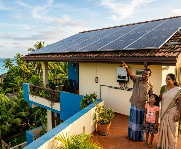 වලාකුළු සහිත දීප්තිමත් සවස් වරුවක, ශ්‍රී ලංකාවේ සශ්‍රීක වෙරළබඩ ගම්මානයක පිහිටි තම දෙමහල් නිවසේ උඩුමහල් ටෙරසය මත සිටින, සිනහමුසු මුහුණින් යුත් සිව්දෙනෙකුගෙන් යුත් දකුණු ආසියාතික පවුලක් මෙහි දැක්වේ. ඔවුන් තම නිවසේ වහලය මත අලුතින් සවිකරන ලද සූර්ය පැනල පද්ධතියක් ඉදිරිපිට ආඩම්බරයෙන් පෙනී සිටියි. දුරින් පෙනෙන නිල්වන් සාගරය දක්වා විහිදුණු පොල් ගස් සහ අනෙකුත් නිවර්තන ගස්වලින් පිරුණු කඳු බෑවුමක් දෙසට මුහුණ ලා ඇති මෙම ටෙරසය මැටි උළු (terracotta) අතුරා සකසා ඇත. දකුණු පසින්, නිල් පැහැති විසිතුරු මෝස්තර සහ දුඹුරු පැහැති උළු සෙවිලි කළ වහලයකින් යුත් ක්‍රීම් පැහැති මහල් නිවසක් දැකගත හැකිය. එහි සම්පූර්ණ සූර්ය පැනල පද්ධතියක් සවිකර ඇති අතර, පැනලවලට පහළින් සහ පවුලේ සාමාජිකයින්ට ඉහළින් බිත්තියේ සවිකළ ඉන්වර්ටරයක් (inverter) ද දැකගත හැකිය. පවුලේ සාමාජිකයන් සාම්ප්‍රදායික සහ අනියම් ඇඳුමින් සැරසී සිටිති: දුඹුරු පැහැති කමිසයකින් සහ නිල් පැහැති කොටු වැටුණු සරමකින් සැරසුණු පියා සූර්ය පැනල දෙසට අත දිගු කර පෙන්වයි; ක්‍රීම් පැහැති සාරියකින් සැරසුණු මව ඔහු අසලින් සිනාසෙමින් සිටියි; රෝස පැහැති කමිසයකින් සහ මල් සහිත සායකින් සැරසුණු කුඩා දැරියක් ඒ දෙස බලා සිටින අතර, ලා කොළ පැහැති කමිසයකින් සහ නිල් පැහැති කලිසමකින් සැරසුණු කුඩා පිරිමි ළමයෙකු සතුටින් සිටින අයුරු මෙහි දැක්වේ. ටෙරසය පෝච්චිවල සිටුවන ලද මල් පැලවලින් අලංකාර කර ඇති අතර, ගස්වලින් පිරුණු වෙරළ තීරය සහ සාගර ක්ෂිතිජය දෙසට විහිදුණු කළු පැහැති ලී වැටකින් එය සමන්විත වේ. නිවසේ මුහුණතෙහි තවත් පැලෑටි සහිත විවෘත බැල්කනියක් සහ කළු පැහැති ලී මේසයක් සහ පුටුවක් ඇති අතර, එය සුවපහසු ජීවන අවකාශයක් පෙන්නුම් කරයි. හිරු එළිය සහිත ස්වභාවික ආලෝකය අවට වෘක්ෂලතාවල තද කොළ පැහැය සහ නිවසේ උළු හා බිත්තිවල උණුසුම් වර්ණ මනාව ඔප්නංවයි.