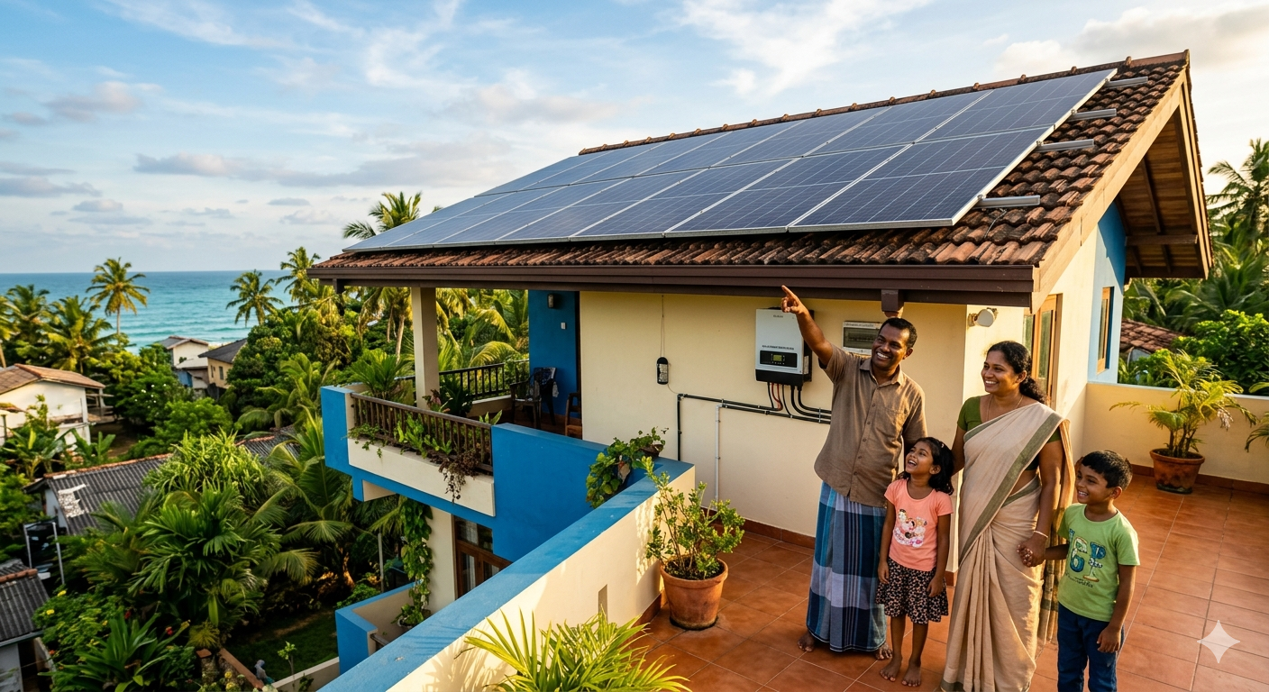 වලාකුළු සහිත දීප්තිමත් සවස් වරුවක, ශ්‍රී ලංකාවේ සශ්‍රීක වෙරළබඩ ගම්මානයක පිහිටි තම දෙමහල් නිවසේ උඩුමහල් ටෙරසය මත සිටින, සිනහමුසු මුහුණින් යුත් සිව්දෙනෙකුගෙන් යුත් දකුණු ආසියාතික පවුලක් මෙහි දැක්වේ. ඔවුන් තම නිවසේ වහලය මත අලුතින් සවිකරන ලද සූර්ය පැනල පද්ධතියක් ඉදිරිපිට ආඩම්බරයෙන් පෙනී සිටියි. දුරින් පෙනෙන නිල්වන් සාගරය දක්වා විහිදුණු පොල් ගස් සහ අනෙකුත් නිවර්තන ගස්වලින් පිරුණු කඳු බෑවුමක් දෙසට මුහුණ ලා ඇති මෙම ටෙරසය මැටි උළු (terracotta) අතුරා සකසා ඇත. දකුණු පසින්, නිල් පැහැති විසිතුරු මෝස්තර සහ දුඹුරු පැහැති උළු සෙවිලි කළ වහලයකින් යුත් ක්‍රීම් පැහැති මහල් නිවසක් දැකගත හැකිය. එහි සම්පූර්ණ සූර්ය පැනල පද්ධතියක් සවිකර ඇති අතර, පැනලවලට පහළින් සහ පවුලේ සාමාජිකයින්ට ඉහළින් බිත්තියේ සවිකළ ඉන්වර්ටරයක් (inverter) ද දැකගත හැකිය. පවුලේ සාමාජිකයන් සාම්ප්‍රදායික සහ අනියම් ඇඳුමින් සැරසී සිටිති: දුඹුරු පැහැති කමිසයකින් සහ නිල් පැහැති කොටු වැටුණු සරමකින් සැරසුණු පියා සූර්ය පැනල දෙසට අත දිගු කර පෙන්වයි; ක්‍රීම් පැහැති සාරියකින් සැරසුණු මව ඔහු අසලින් සිනාසෙමින් සිටියි; රෝස පැහැති කමිසයකින් සහ මල් සහිත සායකින් සැරසුණු කුඩා දැරියක් ඒ දෙස බලා සිටින අතර, ලා කොළ පැහැති කමිසයකින් සහ නිල් පැහැති කලිසමකින් සැරසුණු කුඩා පිරිමි ළමයෙකු සතුටින් සිටින අයුරු මෙහි දැක්වේ. ටෙරසය පෝච්චිවල සිටුවන ලද මල් පැලවලින් අලංකාර කර ඇති අතර, ගස්වලින් පිරුණු වෙරළ තීරය සහ සාගර ක්ෂිතිජය දෙසට විහිදුණු කළු පැහැති ලී වැටකින් එය සමන්විත වේ. නිවසේ මුහුණතෙහි තවත් පැලෑටි සහිත විවෘත බැල්කනියක් සහ කළු පැහැති ලී මේසයක් සහ පුටුවක් ඇති අතර, එය සුවපහසු ජීවන අවකාශයක් පෙන්නුම් කරයි. හිරු එළිය සහිත ස්වභාවික ආලෝකය අවට වෘක්ෂලතාවල තද කොළ පැහැය සහ නිවසේ උළු හා බිත්තිවල උණුසුම් වර්ණ මනාව ඔප්නංවයි.